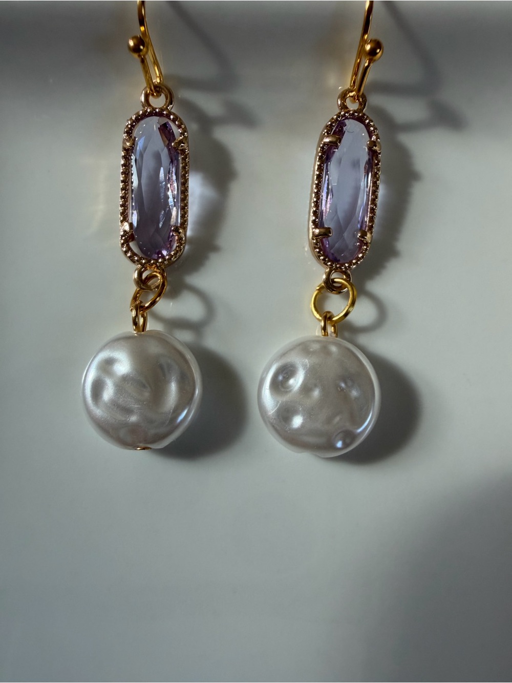 Gold-Tone Drop Earrings with Lavender Crystal and White Pearl